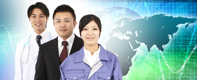 Three multi-industry Japanese professionals with earth map behind